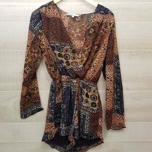 {S} Francesca's Cecico Patchwork Shorts Romper